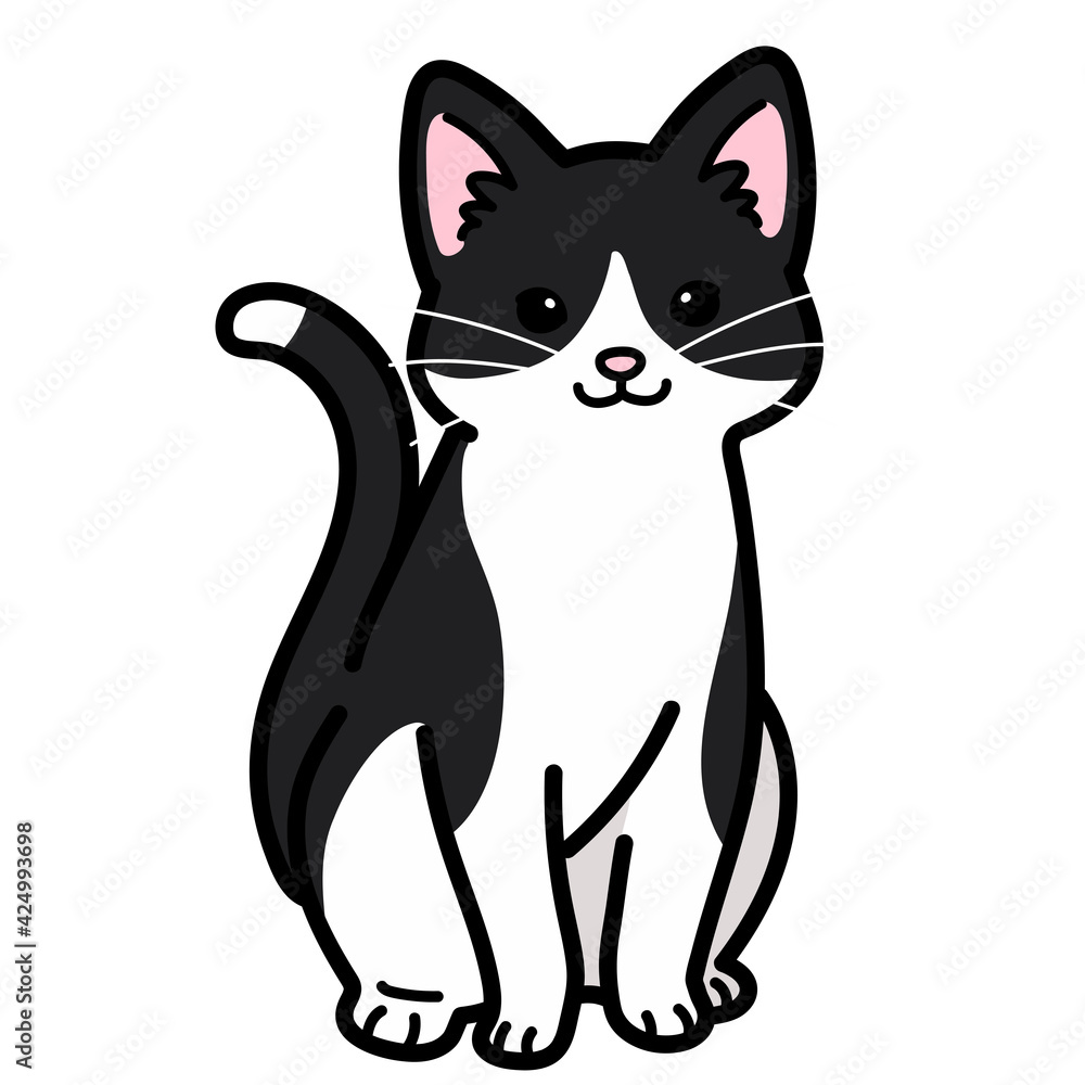 Simple and adorable black and white cat sitting in front view outlined
