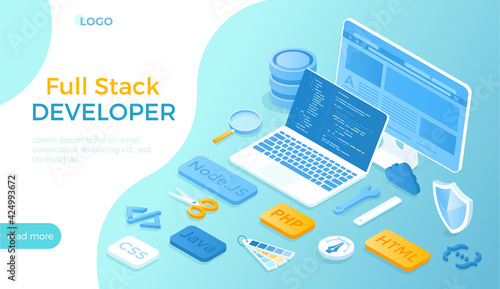 Fototapeta Naklejka Na Ścianę i Meble -  Full Stack Developer. Programmer who can work with software and hardware part of the service Back end and user interface Front end. Isometric vector illustration for website.