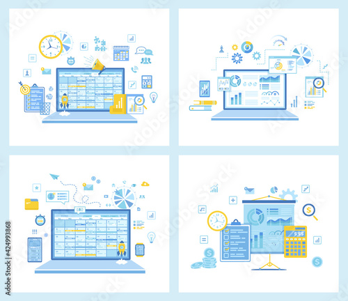 Set of  flat vector illustrations for Business planning, Analytics, management, organization, success strategy. Calculation Bookkeeping Audit Reporting Tax Accounting. Concept for websites.