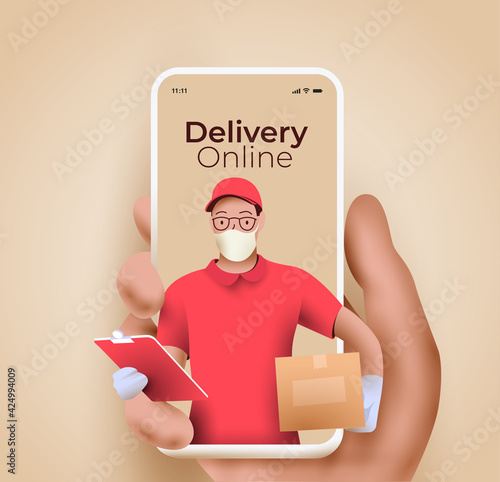 Online delivery service or delivery tracking mobile application concept with semi-realistic hand holding smartphone with courier with packing coming out from the screen. 3d vector illustration
