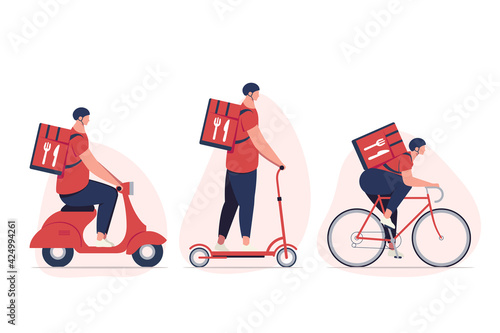 Delivery guy or courier character in red shirt on different types of vehicles such as moped and electric scooter and bicycle makes delivery. Isolated on white background. Food delivery concept. Vector
