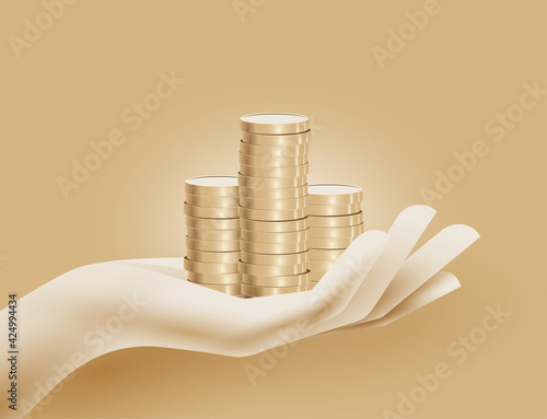 Money or salary or economy or cash or investment or earnings or savings concept with human hand holding golden coins on gold background. Minimalistic vector illustration