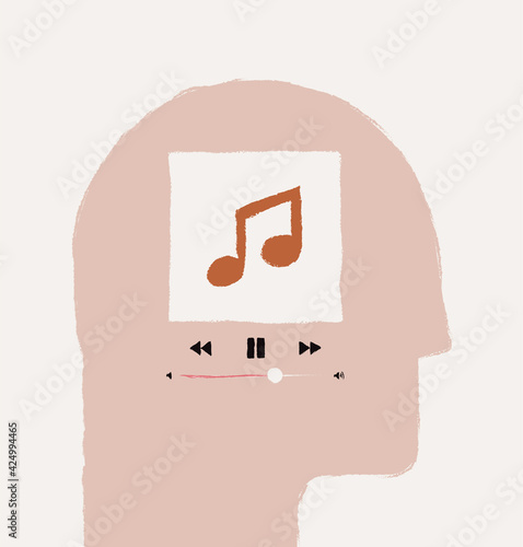 Music or podcast listening or music in the head concept with hand drawn minimalistic human head silhouette with music player interface inside isolated on light background. Vector illustration