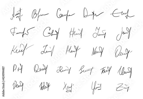 Handwritten signatures set. Fictitious signatures for business contract. Vector EPS 10 collection