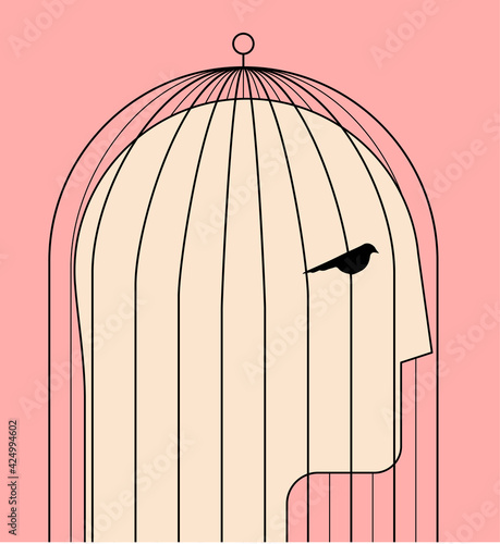 Comfort zone or self limit or inner prison psychological concept with human head silhouette in birdcage. Minimalistic vector illustration