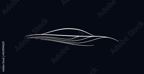 Sport car silhouette logo. Minimalistic lined auto concept white on black background. Vector illustration