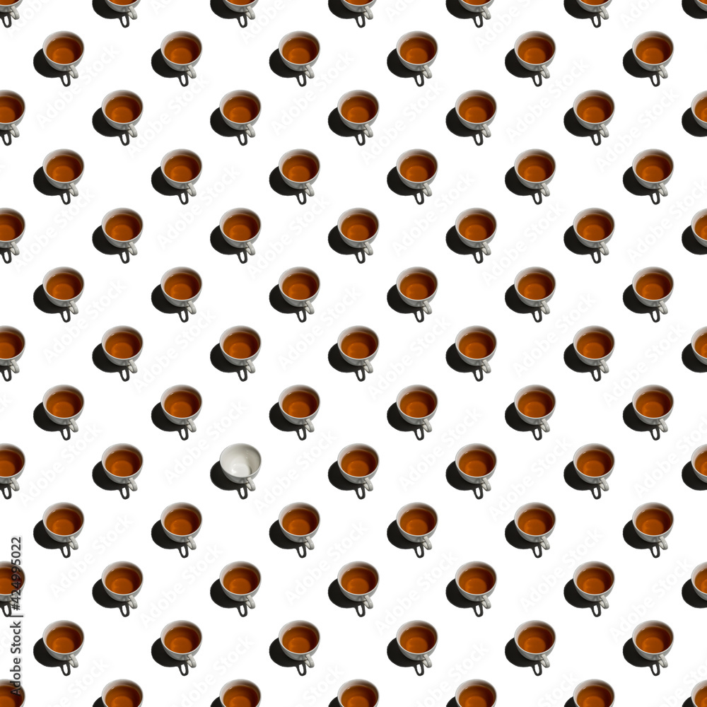 Pattern with lonely empty cup and many cups of tea Pattern with lonely empty cup and many cups of tea