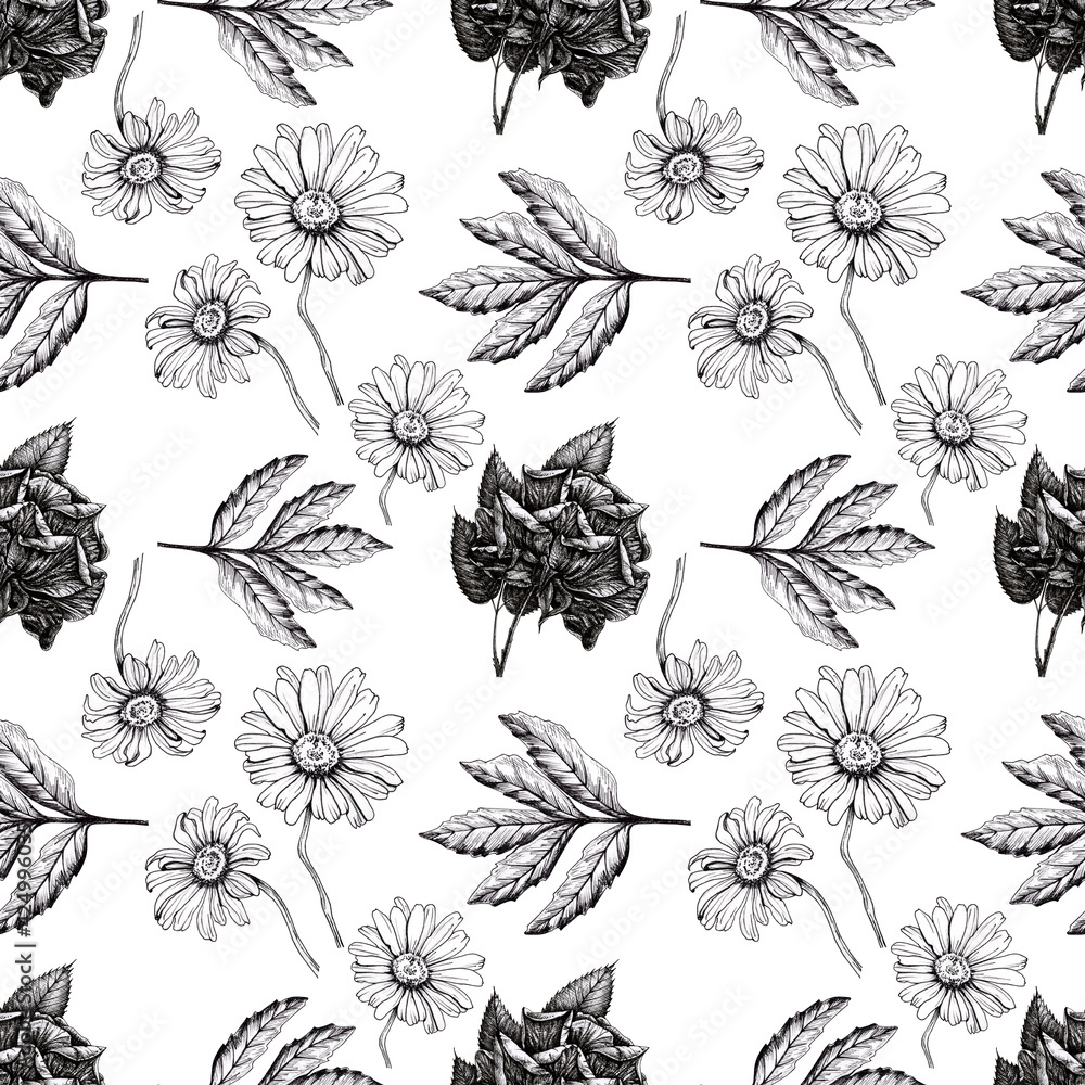 Obraz Seamless pattern, chamomile, roses, leaves. Texture black and white for wrapping paper, textiles. Hand-drawn drawing by pen and liner on white background