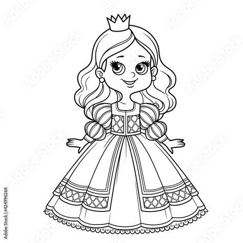 Cute cartoon princess girl in ball gown with lush skirt and little crown outline for coloring on a white background