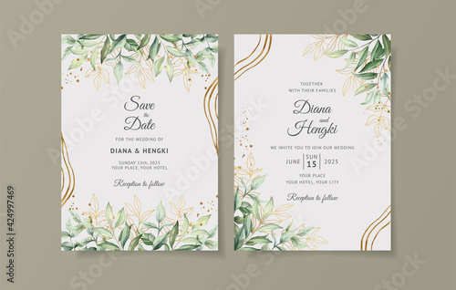 Elegant green tropical watercolor wedding invitation card template