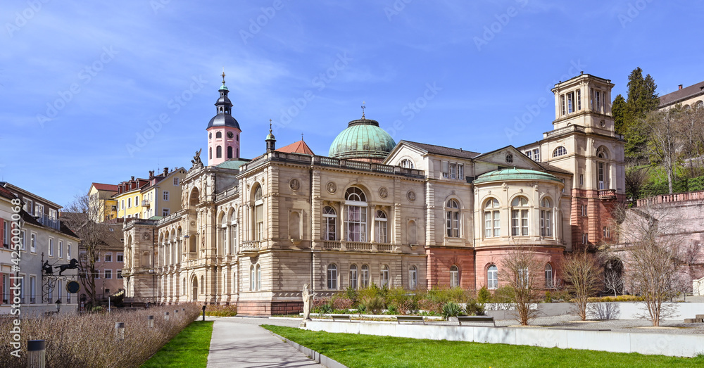 View of the old Friedrichsbad and the collegiate church in Baden Baden Bathing district. Baden Wuerttemberg, Germany, Europe