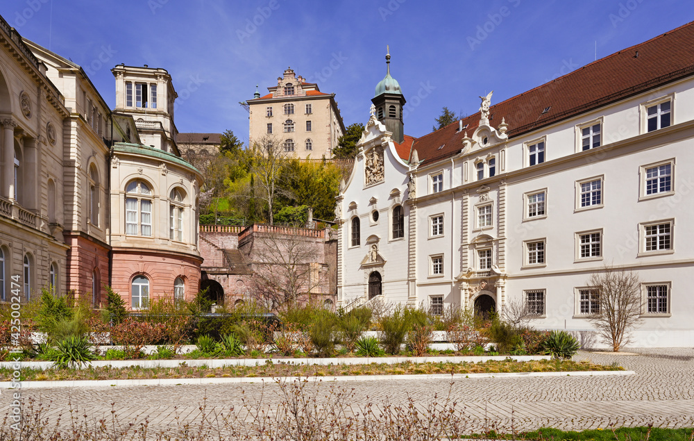 View of the Convent school of the Holy grave, the famous Friedrichsbad Therme and the New Castle in Baden Baden. Baden Wuerttemberg, Germany, Europe