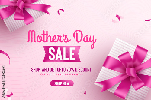 Happy Mother's Day greeting sale banner with pink gift box and ribbons. Vector Background