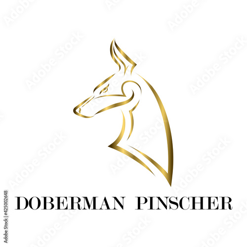 gold line art of Doberman Pinscher dog head. Good use for symbol, mascot, icon, avatar, tattoo, T Shirt design, logo or any design you want.