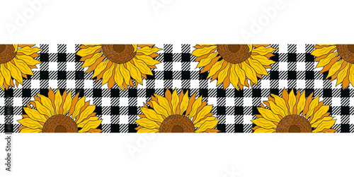 .Bright sunflowers on a black and white buffalo check  plaid. Vector border seamless pattern. Floral design  ribbon.