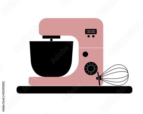 Pink kitchen mixer with black bowl and whisk. Simple vector illustration