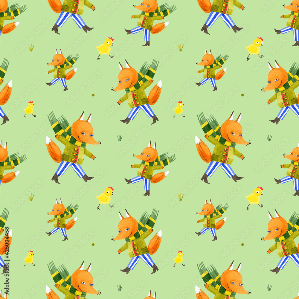 Seamless pattern of sly Fox and funny yellow chickens. Cute cartoon animals. Hand-drawn watercolor illustrations on a green background. Design for postcards, packaging, textiles, prints, wallpaper. Seamless pattern of sly Fox and funny yellow chickens. Cute cartoon animals. Hand-drawn watercolor illustrations on a green background. Design for postcards, packaging, textiles, prints, wallpaper.