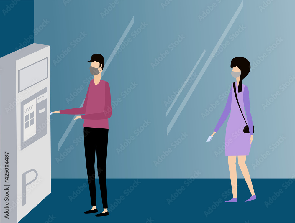 Man inserting ticket or credit card into parking machine to pay. Woman waiting for her turn. People in protective mask. Vector illustration. Contactless parking payment. Man inserting ticket or credit card into parking machine to pay. Woman waiting for her turn. People in protective mask. Vector illustration. Contactless parking payment.
