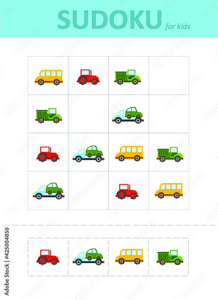 Fototapeta premium Sudoku for kids. Children's puzzles. Educational game for children. colored cars