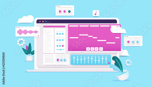 Music programming on computer - 3d vector illustration of laptop with audio creation software on screen, and user interface elements. Bright colourful illustration.