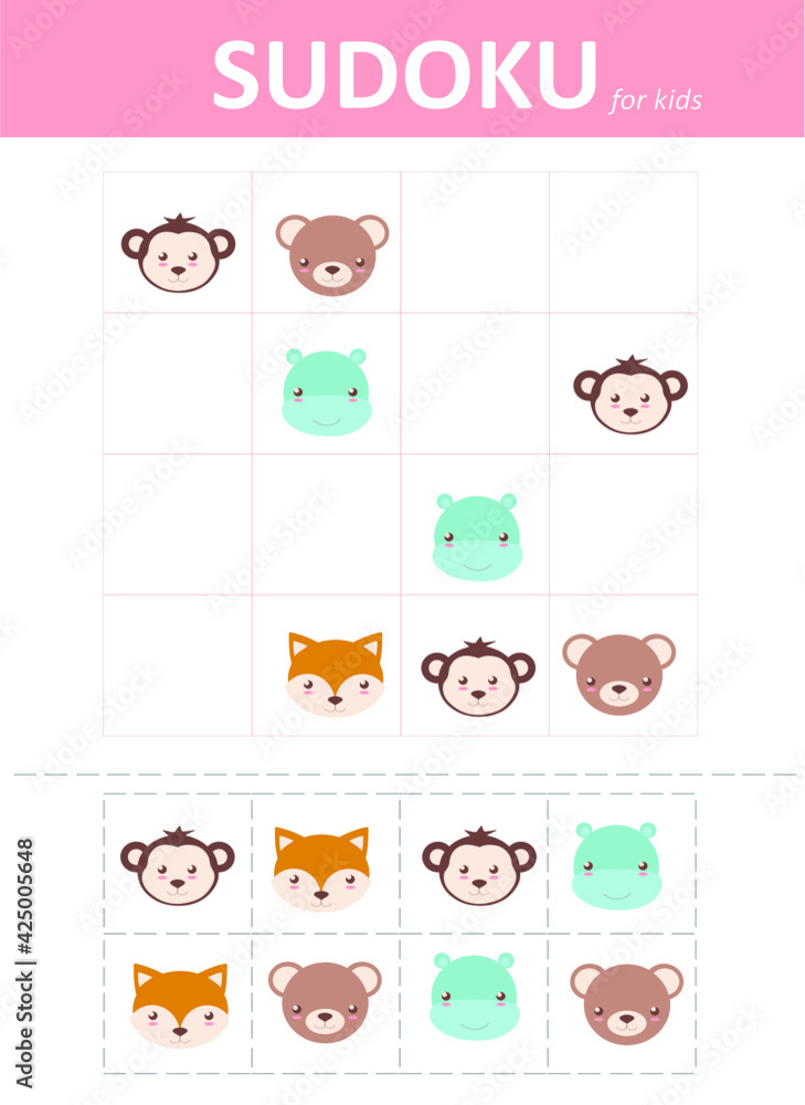 Sudoku for kids. Children's puzzles. Educational game for children. cute animals