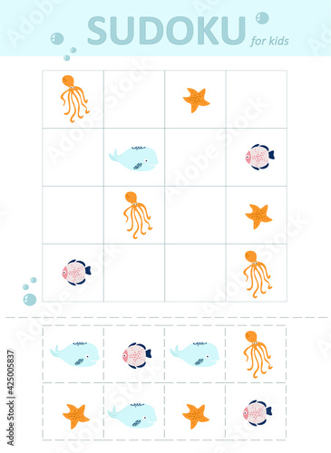 sudoku for kids. Educational game for children. sea world