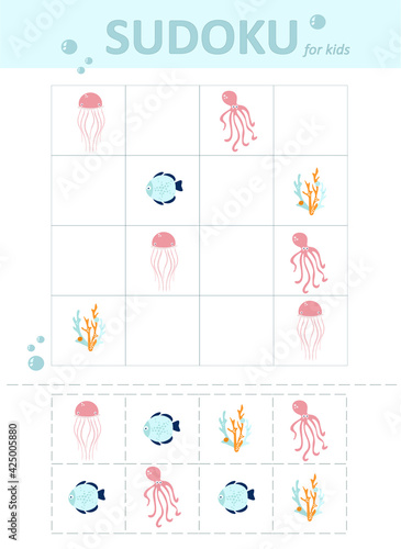 sudoku for kids. Educational game for children. sea world
