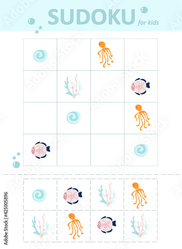 sudoku for kids. Educational game for children. sea world