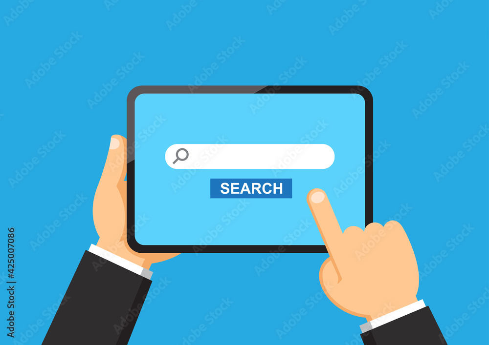 Businessman hand holding tablet with search bar and button on screen, Surfing the internet business concept, Flat design vector illustration Businessman hand holding tablet with search bar and button on screen, Surfing the internet business concept, Flat design vector illustration