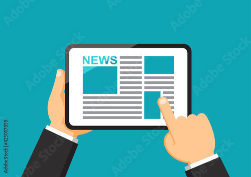 Businessman hand holding tablet to reading news on screen, Online media business concept, Flat design vector illustration