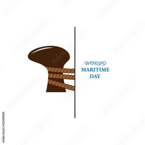 Vector illustration dedicated to the World Maritime Day. Mooring bollard tied with nautical ropes. White isolated background. Banner, poster, sign. For various design purposes.