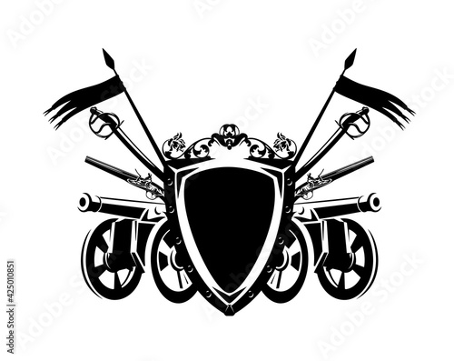 antique cannon gun and sabre sword by heraldic shield decorated with flags and rose flowers - armoury coat of arms black and white vector outline design