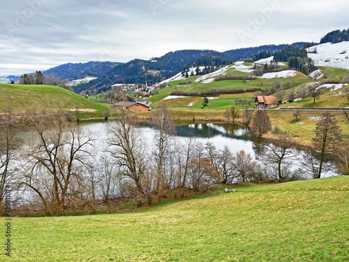 Late winter and early spring on the small natural lake Wilersee or Wiler lake above the canyon of the river Sihl, Menzingen - Canton of Zug, Switzerland / Schweiz photo