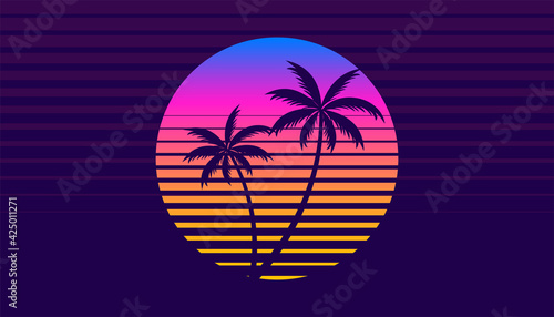 Fototapeta Naklejka Na Ścianę i Meble -  classic retro 80s style tropical sunset with palm tree