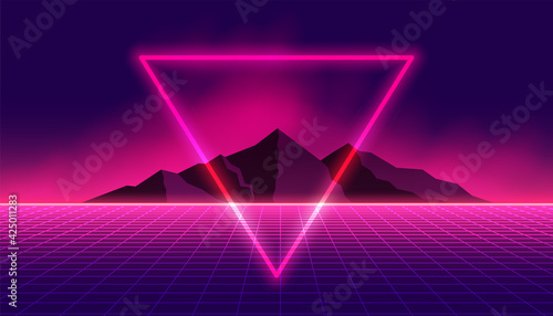 retro 80s background with neon triangle and mountain