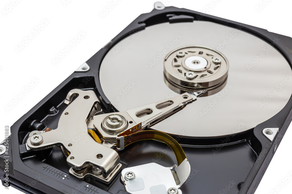 Close up of hard disk hard disk magnetic tape inside, open cover hard disk in computer or server on white background. Technology background. Close up of hard disk hard disk magnetic tape inside, open cover hard disk in computer or server on white background. Technology background.