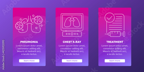 pneumonia, virus in lungs, chest x-ray banners with line icons