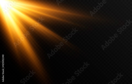 Vector golden light. Sun, sun rays, dawn, star, flare png. Golden Star. Golden flash png. Vector image.