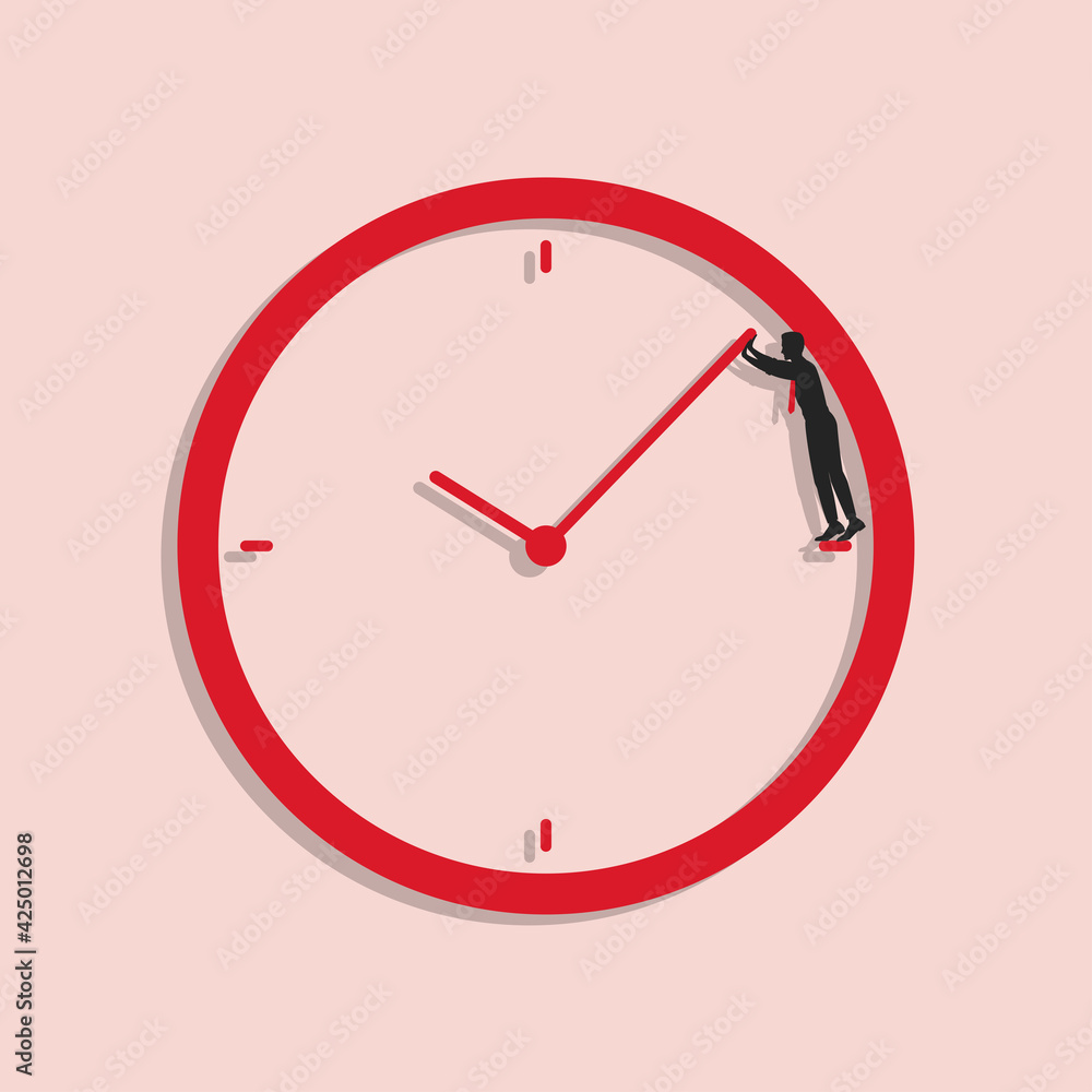 Businessman tries to turn back time. Man stands into clock face and pushes back clock hand. Business deadline concept. Businessman tries to turn back time. Man stands into clock face and pushes back clock hand. Business deadline concept.