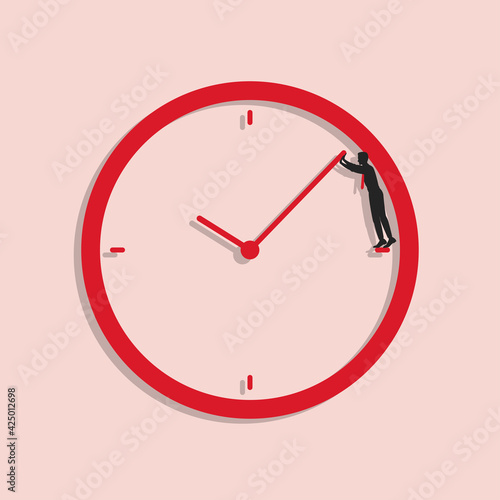 Businessman tries to turn back time. Man stands into clock face and pushes back clock hand. Business deadline concept.