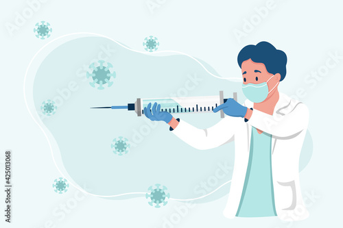 "Doctor with giant syringe  as a weapon fighting with coronavirus. Vaccine injection concept. Vector illustration."  © NSart