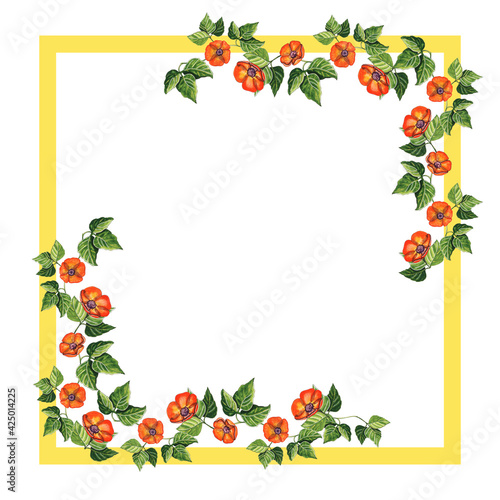 Square frame with watercolor flowers and leaves for presentation, floral frame decor