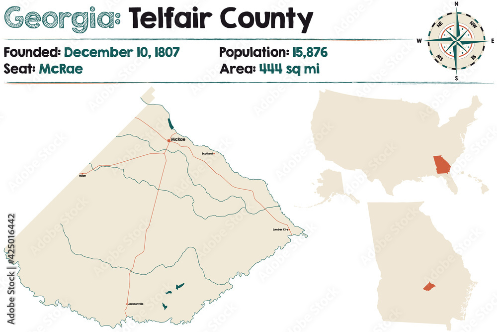 Large and detailed map of Telfair county in Georgia, USA.