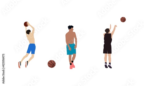 Art & IllustrationSet of basketball players of same team with balls. Adult man cartoon action character. Flat vector isolated illustration. Men's basketball championship poster, banner design