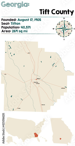 Large and detailed map of Tift county in Georgia, USA.