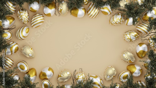 Golden Easter egg in off-white background with plants