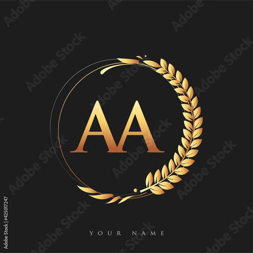 Initial logo letter AA with golden color with laurel and wreath, vector logo for business and company identity.
