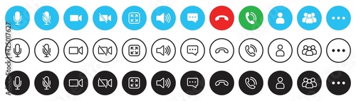 Video call icon set, Video conference buttons template for mobile phone online app, ui. online meeting workspace, internet talk, vector illustration