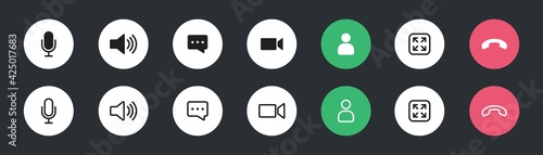 Collections of Video call icon , Video conference, set of buttons template for mobile phone online app, ui. online meeting workspace, internet talk, vector illustration