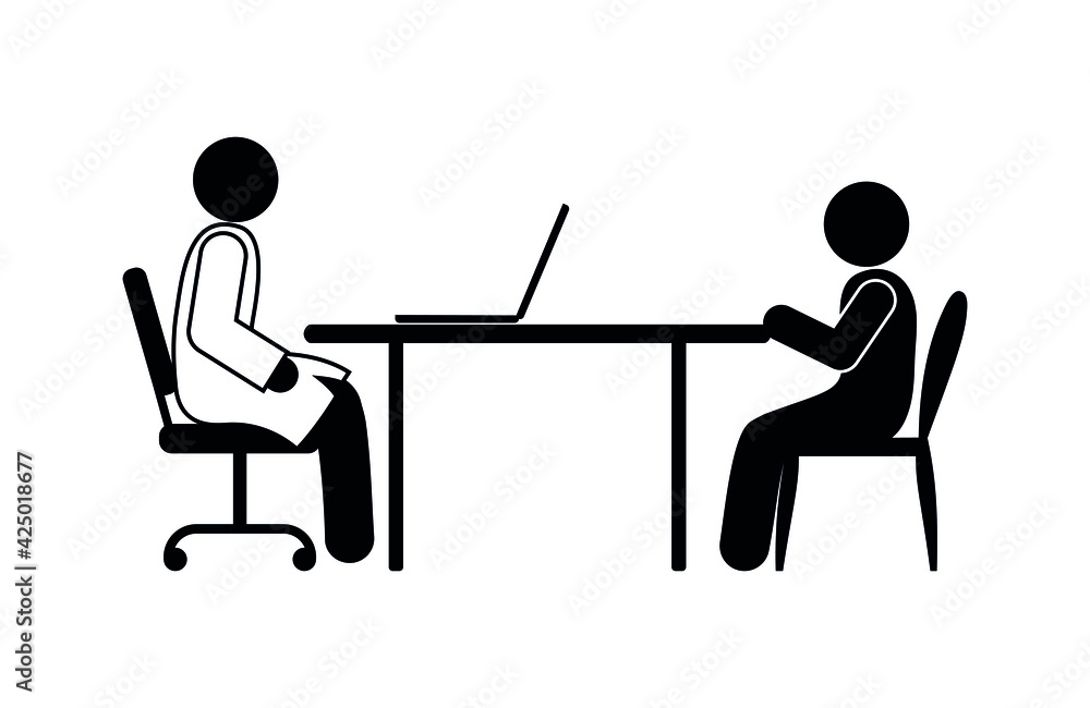 patient at the doctor's appointment, stickman sits at the table, stick  figure human silhouette, doctor pictogram Stock Vector | Adobe Stock